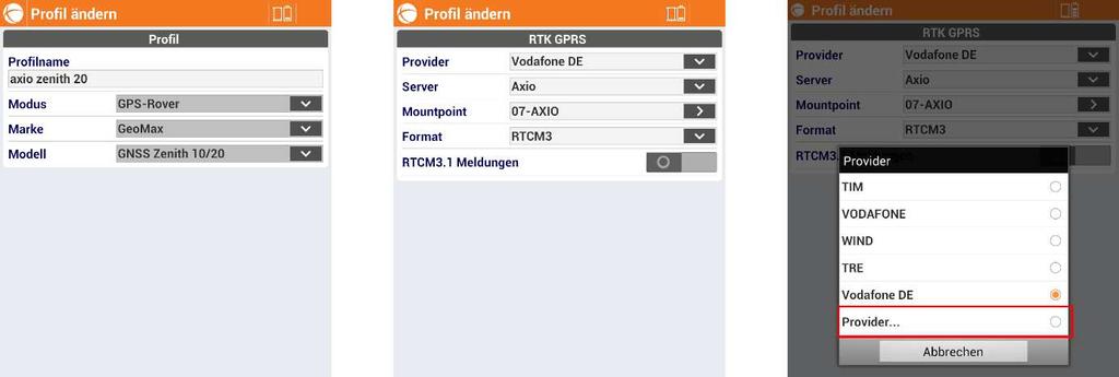 2. Einrichtung der Mobilfunkverbindung (GPRS) Wählen Sie Profil ändern und Klick auf Weiter, bis das RTK GPRS Menü erreicht ist.