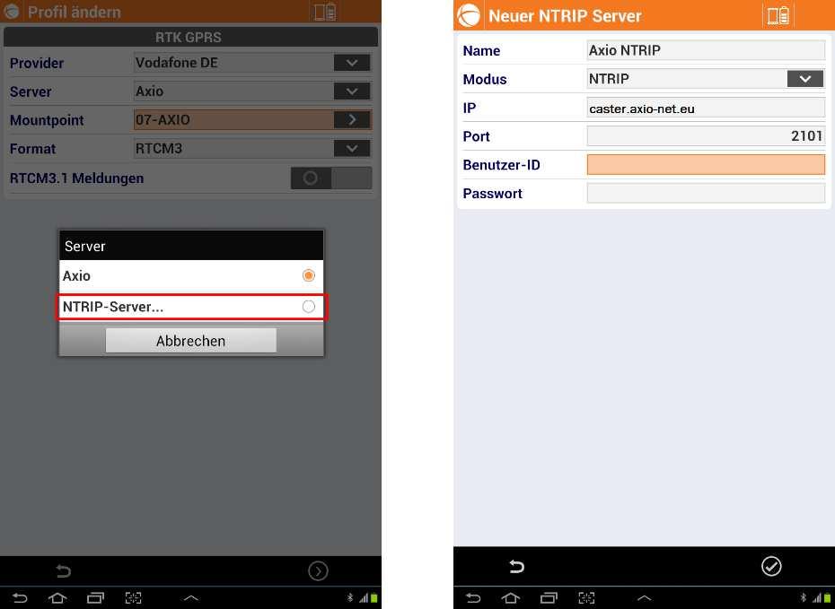 Hierfür vergeben Sie als erstes einen Namen (z. B. AXIO NTRIP ). Als nächstes fügen Sie die Serverinformationen hinzu. Diese bestehen aus IP-Adresse (caster.axio-net.
