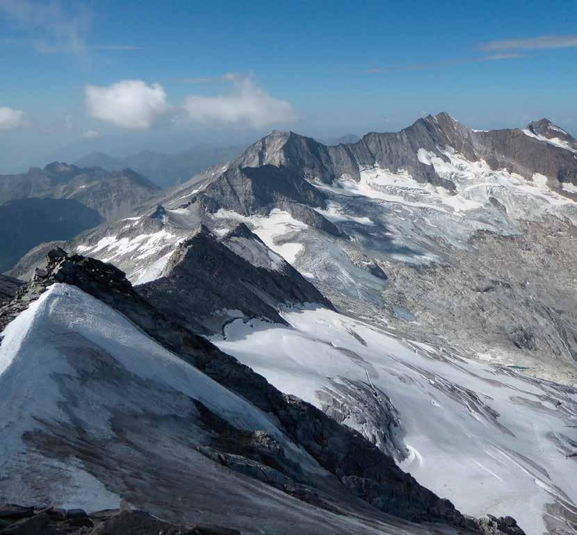 Hochsommerliche Gletscherlandschaft: Blick vom Großen Möseler übers Schlegeiskees zum Hochfeiler (Zillertaler Alpen) am 4.8.2017. Foto: G. K.