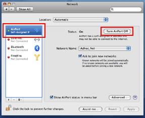 Verwenden des Produkts in einem Netzwerk C Wählen Sie AirPort und klicken Sie dann auf Turn AirPort On (AirPort einschalten).