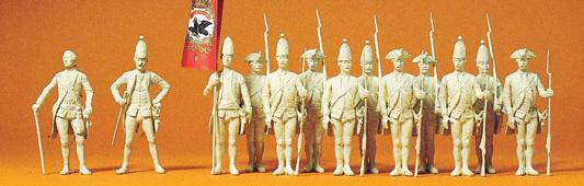 13 unbemalte Miniaturfiguren. Bausatz. Figuren: Materialfarbe weiß Prussians 1756. Officer and troops. 13 unpainted miniature figures. Kit.