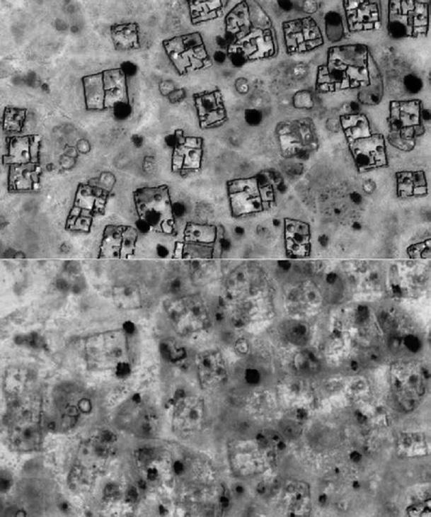 Abb. 1: Genozid in Darfur: Verwüstung eines Dorfes in der Negeha-Region, Satellitenbild vom 13.01. (oben) und 24.12.2010 (unten) im Vergleich.