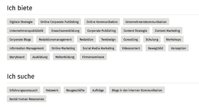 . Ich biete: Stichwörter zu Kompetenzen und Kenntnisse; sie sind wichtig für die Xing-Suche. 7.