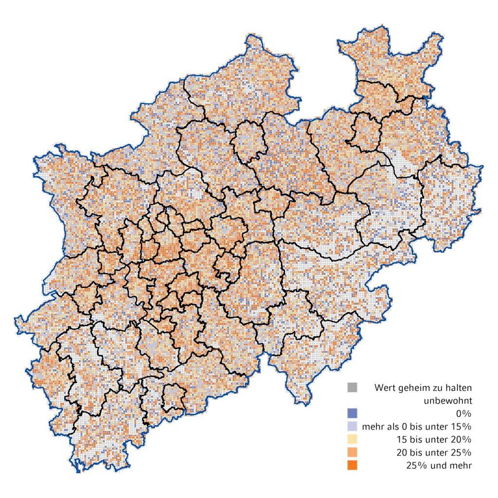 Abb. 5: Anteil der Bevölkerung ab 65 Jahre an der Gesamtbevölkerung in Nordrhein-Westfalen (Zensusstichtag) eigene Darstellung, Daten: Statistisches Bundesamt Individuelle Rasterdaten-Auswertungen,