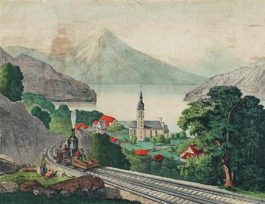 »Die Rigibahn«. Kolorierte Lithografie der ersten Bergbahn Europas, eingeweiht am 21. Mai 1871, DMA, GS 01058.