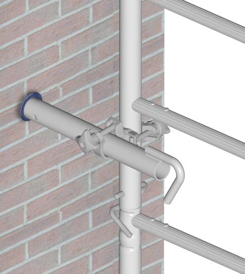 Die Wandabstützung wird dazu im Bereich der Arbeitsbühne mittels einer Fahrgerüstkupplung derart an den Vertikalrahmen angeschlossen, dass das Rohrende der Wandabstützung an der Wand anliegt.