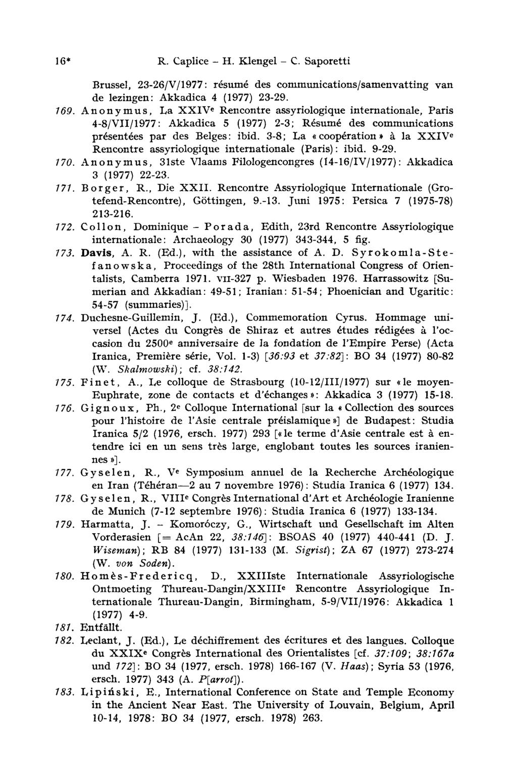 16* R. Caplice - H. Klengel - С. Saporetti Brüssel, 23-26/V/1977: résumé des communications/samenvatting van de lezingen: Akkadica 4 (1977) 23-29. 169.