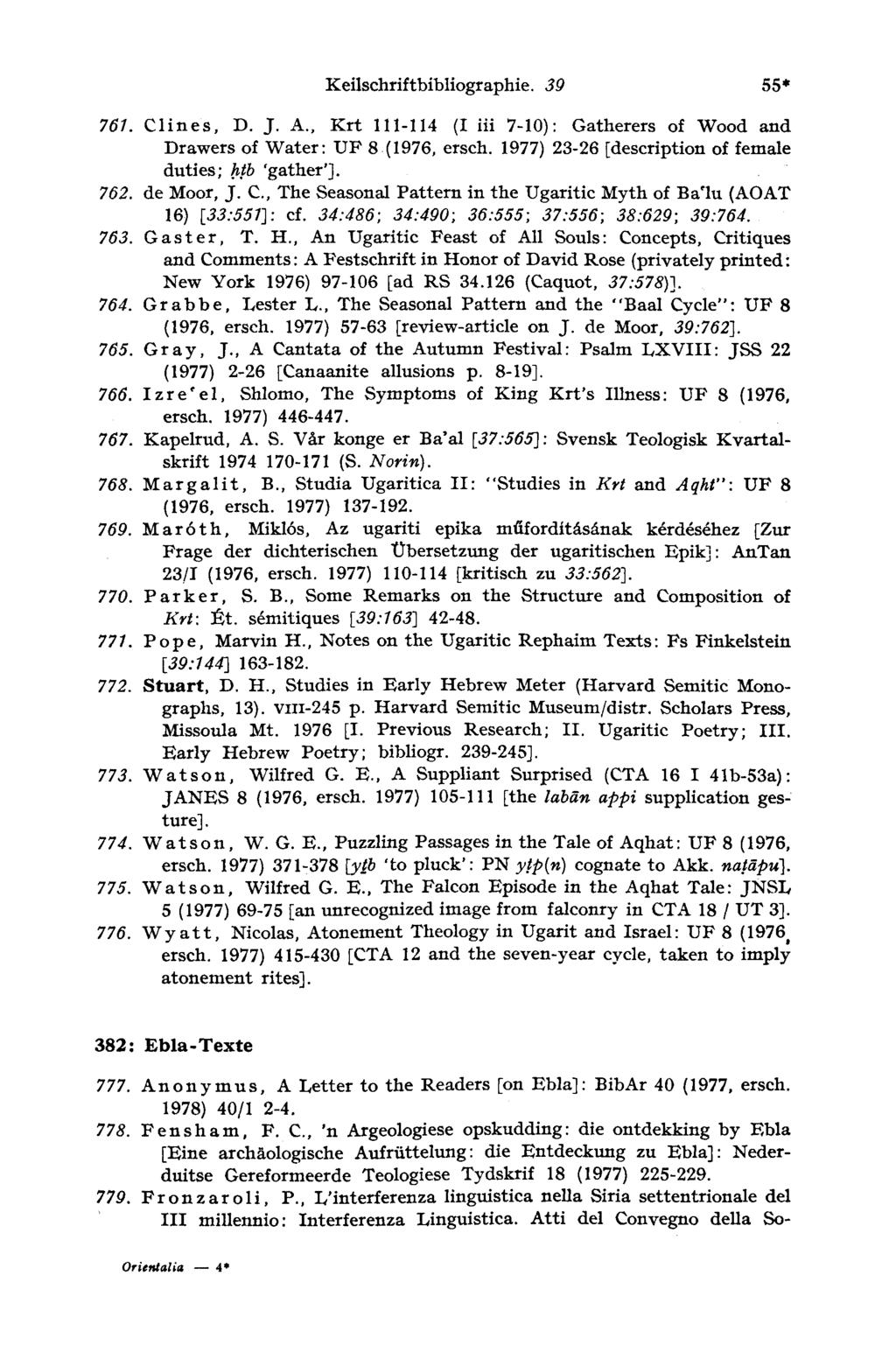 Keilschriftbibliographie. 39 55 761. Clines, D. J. A., Krt 111-114 (I iii 7-10): Gatherers of Wood and Drawers of Water: UP 8 (1976, ersch. 1977) 23-26 [description of female duties; htb.