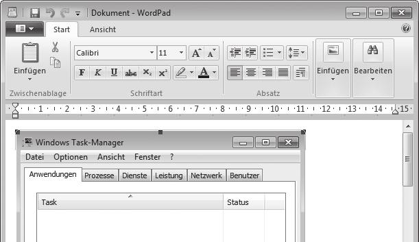 3 Starte WordPad. 4 Füge den Screenshot in das Dokument ein. 5 Drucke das Dokument aus.