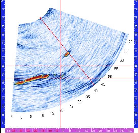 Die Abbildungen 6 und 7 zeigen Einsatzmöglichkeiten der Longitudinalwelle zur Winkeleinschallung in austenitischen Materialien.