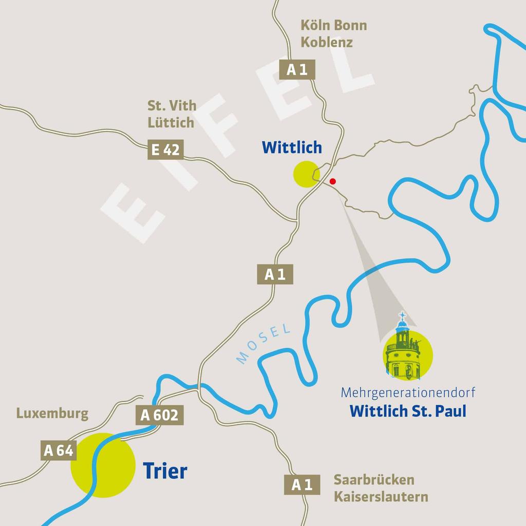 Lage Das Mehrgenerationendorf St. Paul befindet sich zwischen Wittlich und dem Stadtteil Wengerohr.