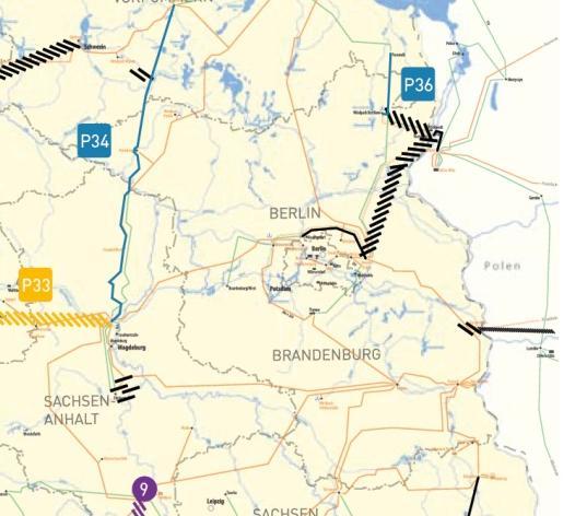 Szenario B 2022 des Netzentwicklungsplans Optimierung in bestehenden Trassen: 50HzT-007: 380-kV Netzumstellung Nordring Berlin (Neuenhagen-Wustermark) P34: Neubau Güstrow-Stendal-West- Wolmirstedt