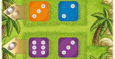 Alle Felder der Würfelleiste sind mit Würfeln besetzt Der Spieler muss sich für eines der ausliegenden Würfelpaare entscheiden. Für das oberste bzw.