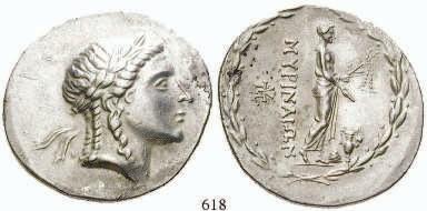AIOLIS, MYRINA 617 Tetradrachme 2. Jh.v.Chr. Kopf des Apollon r. / Stehender Apollon mit Lorbeerzweig u. Schale r.