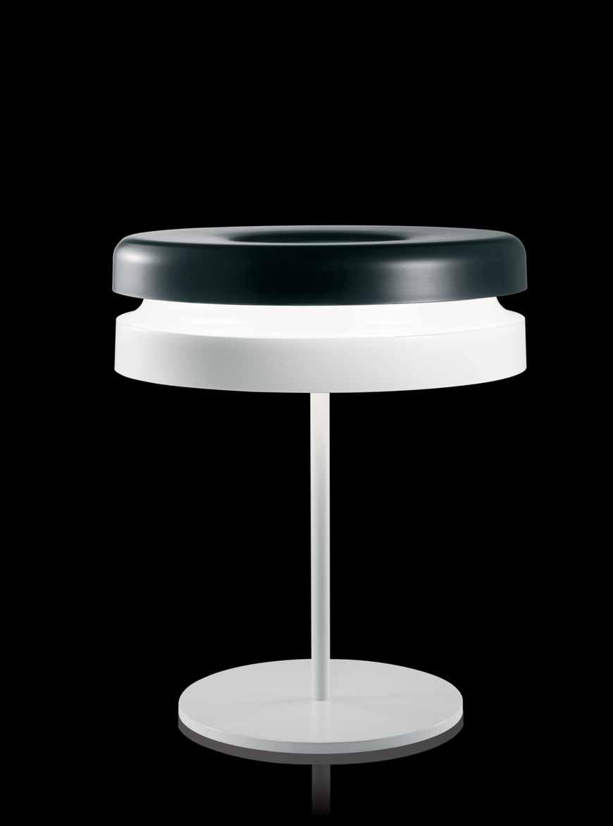 TORIC table / PATRICK NORGUET / 2003 Table lamp with direct light. Structure in white painted metal. Reflector in black/white or orange/white painted metal. Glass diffuser.