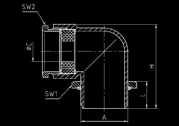 Winkel-Kabelverschraubung / Elbow cable gland Druckschraube Messing CuZn39Pb3, galv. vernickelt Druckringe Stahl, verzinkt Dichtring SBR/NBR, ausschneidbar Winkel Zinkdruckguss, galv.