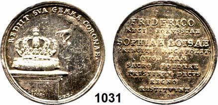 9 Friedrich I. (1688) 1701-1713 1030 Silbermedaille 1708 (G. Hautsch) auf seine Vermählung mit Sophie Louise von Mecklenburg. Brustbild rechts.