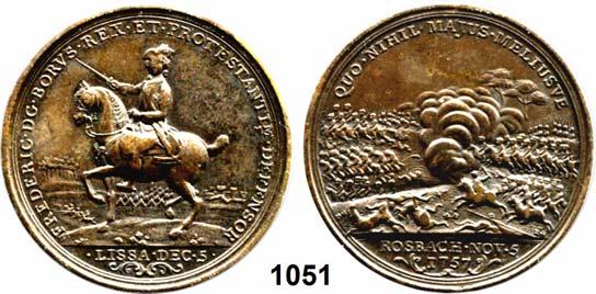 .. Fast vorzüglich 60,- 1050 Silbermedaille 1757 (J. Abraham) auf den Sieg bei Roßbach. Der König zu Pferd rechts vor Schlachtfeld.
