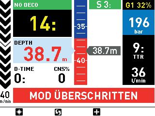 Tauchgangsverstoß und zeigt die Meldung VERSTOSS AUFSTIEG an. Die Überwachung von unkontrollierten Aufstiegen kann im Menü Tauchgangseinstellungen deaktiviert werden.