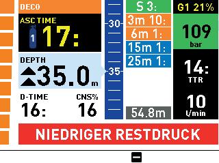 dieser Situation sollten Sie unverzüglich einen Aufstieg einleiten, damit Ihnen nicht während des Dekompressionsstopps das Atemgas ausgeht.