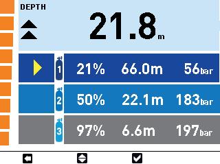 - Wenn Sie G2 AUSschalten, wird G3 automatisch auch ausgeschaltet. - Die MOD für G2 bzw. G3 ist die Tiefe, auf der auf das jeweilige Gas gewechselt werden kann.