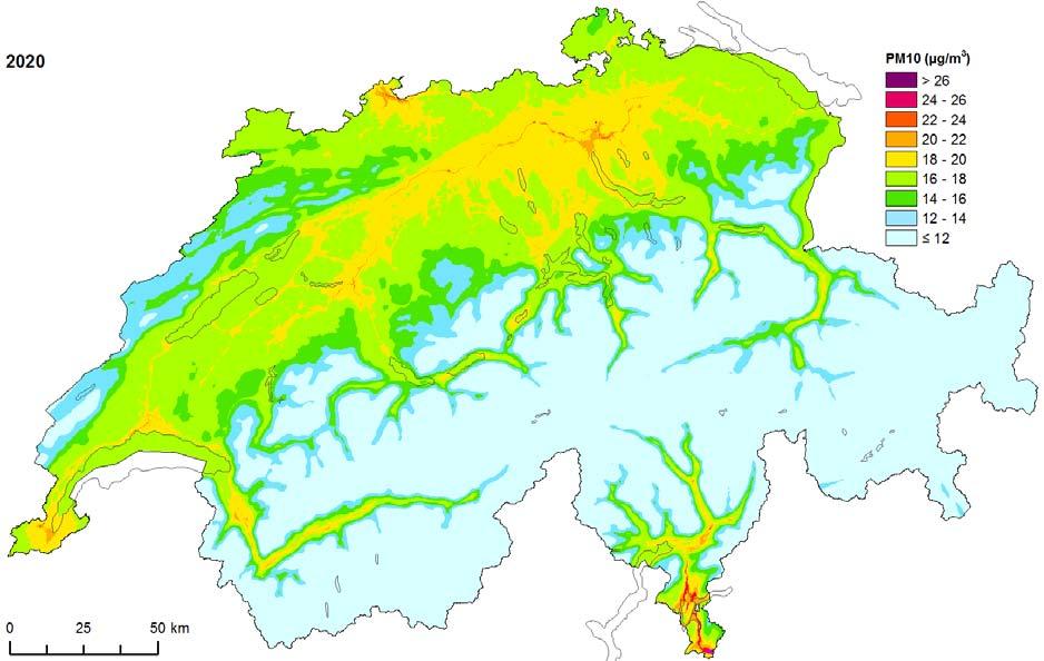 PM10 und PM2.5 Immissionen in der Schweiz.