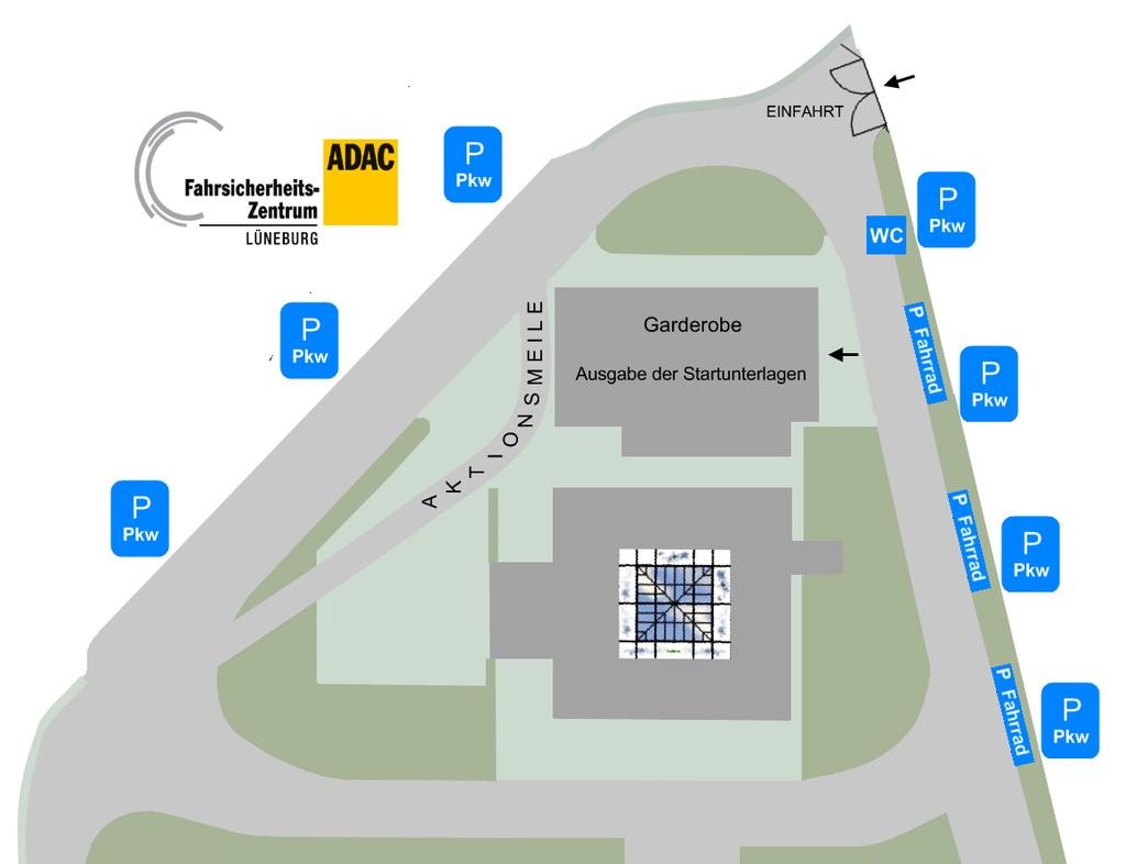 Parkplätze für Kinderlauf- Fahrer Startnummernausgabe: Am Donnerstag, dem 01.06.