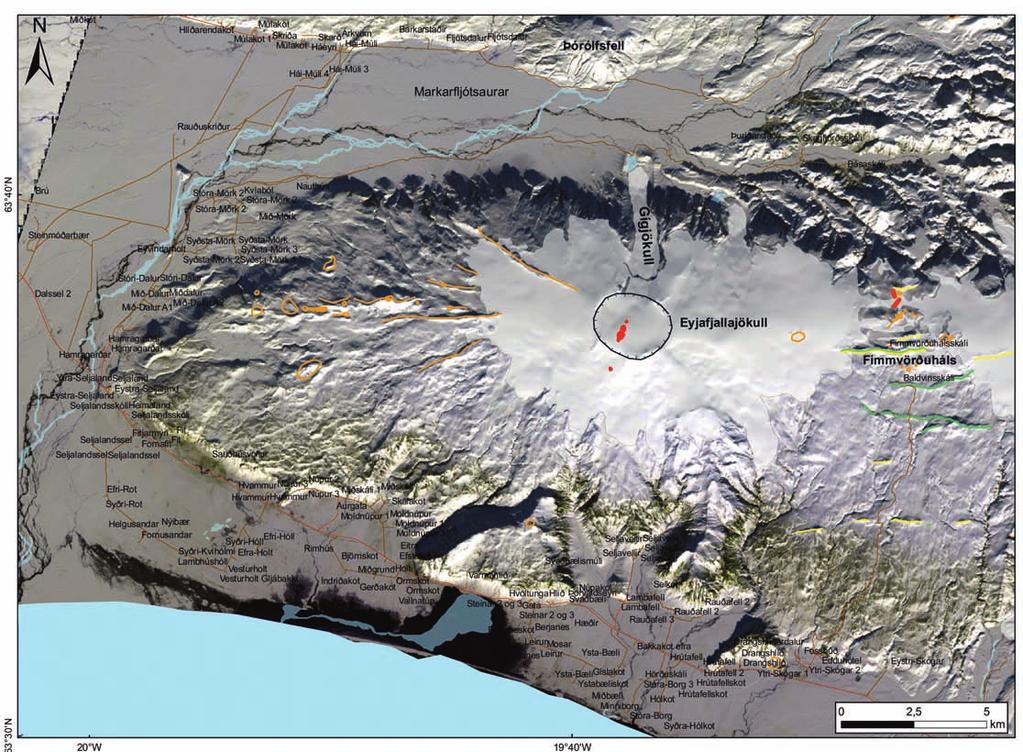 EYJAFJALLAJÖKULL Eruptivspalten und Vulkanzentren Siehe Seite 111 Eruptionsstelle vom 14.04.