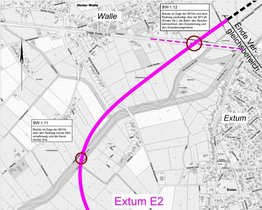 3 Variantenuntersuchung Extum Variante E2 Extum-ferne Trasse mit zwei Gegenbögen von R = 500 m / 800 m unter Nutzung einer Siedlungslücke an der Gemeindestraße Im Extumer