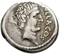 L.Cornelius Sulla, Denarius aus dem Jahr 54 v.chr. Dieses postum hergestellte Münzbild beruht vermutlich auf einem realistischen Bild des Dictators. Quelle: Classical Numismatic Group Inc.