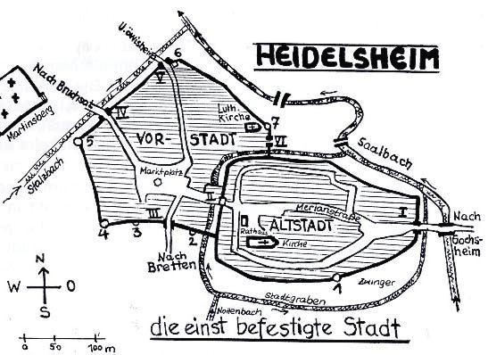 Gemarkung Heidelsheim Seite 3 Die Stadtbefestigung Die Befestigungsanlage der Reichsstadt Heidelsheim bestand aus einer Stadtmauer, dem Zwinger und einem vollständig die Altstadt umgebenden