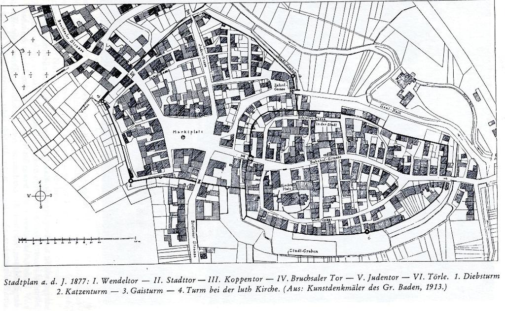 Stadt Bruchsal Gemarkung Heidelsheim Seite 4 Abb. 3: Stadtplan aus dem Jahr 1877 Die Stadtanlage Die Altstadt des 13.Jhdts. weist einen bis heute gut erhaltenen, nahezu ovalen Grundriss auf.