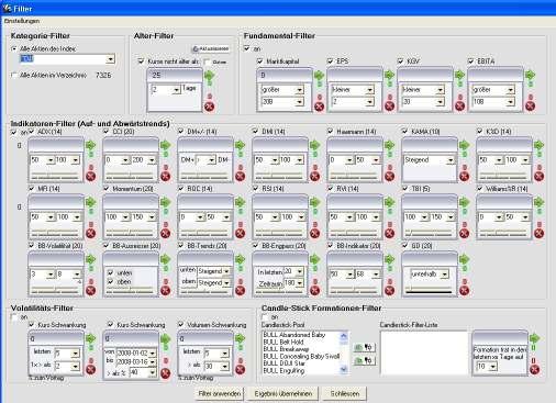 Eingabe Verwaltung - Filterung (Stock-Screening) Berechnung Filtern Bewerten a Filter (Gruppen) Index- Zugehörigkeit b c b Kurs-Alter a c Fundamental- Daten d e f g Indikatoren Volatilität