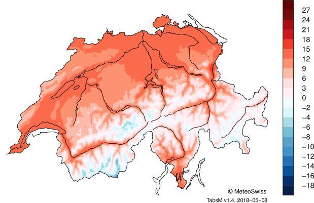MeteoSchweiz Klimabulletin April 2018 6 Temperatur, Niederschlag und Sonnenscheindauer im April 2018 Messwerte absolut Abweichungen zur Norm
