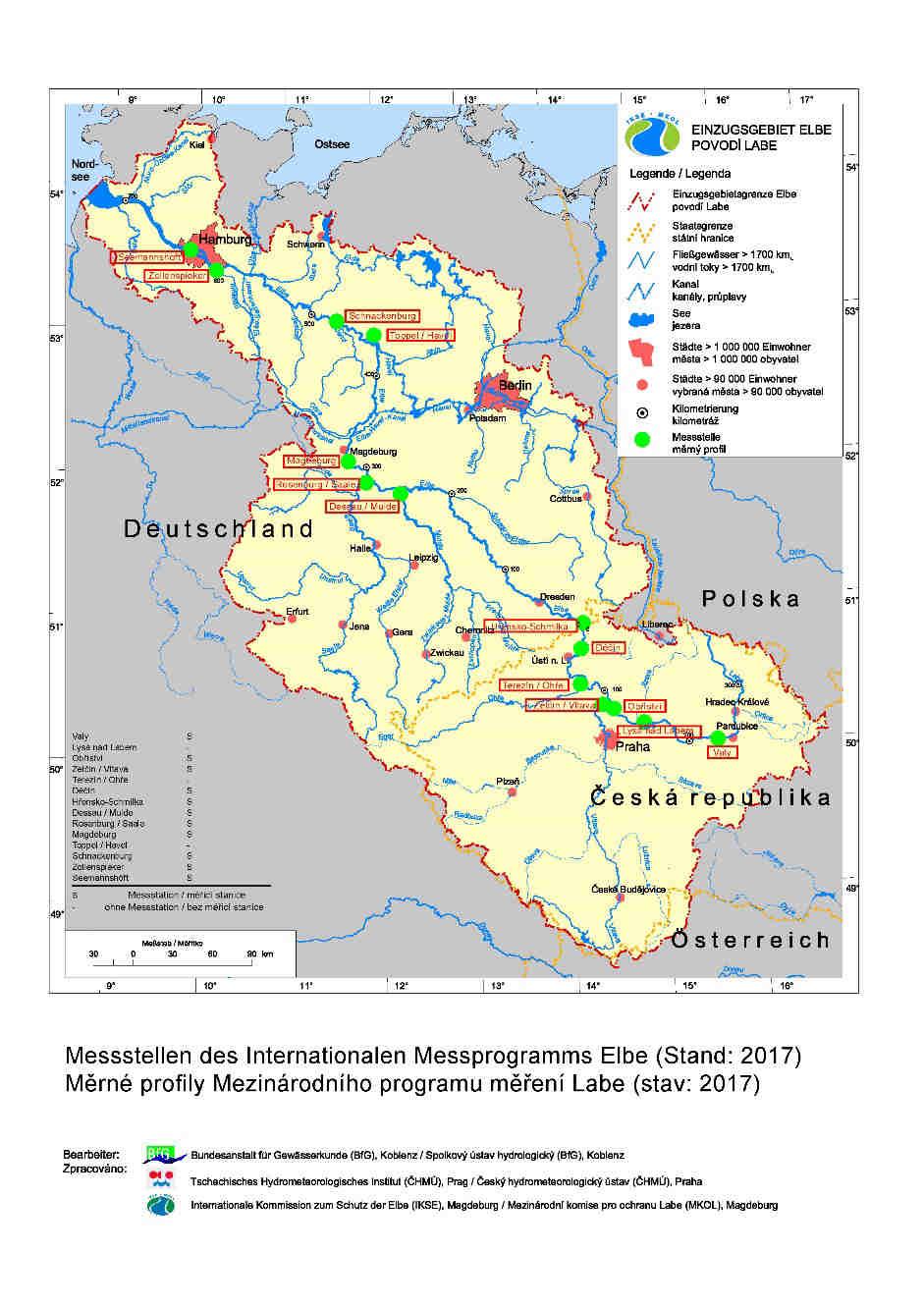 Internationales Messprogramm Elbe 1992 das erste international abgestimmte Messprogramm 2017 14 Messstellen (8x D, 6x CZ) 9x Elbe, 5x Nebenflüsse über 100 physikalische, chemische und