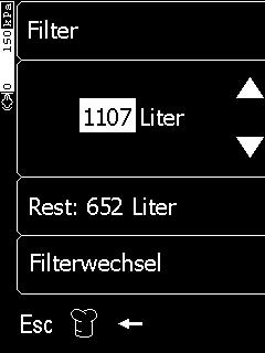 Menüwahltasten/Funktionstasten (1) Filter (2) Filterkapazität Volumen in Liter mehr (3) Filterkapazität Volumen in Liter weniger (4) Restmenge mit Filterrückstellung (5) Bestätigen Filterwechsel (B)