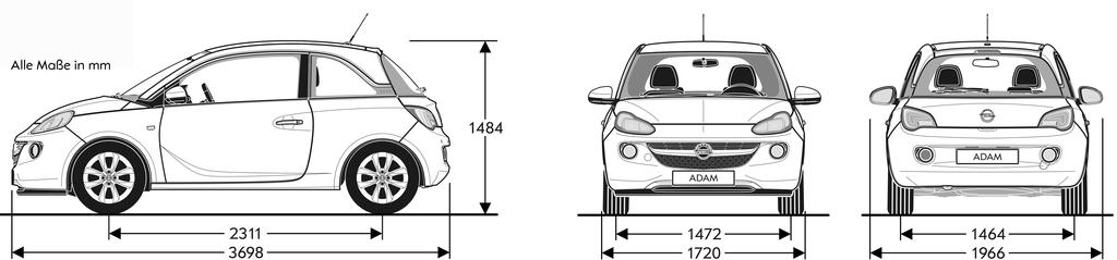 18 Technische Daten Opel ADAM Wagenabmessungen in mm Maße Länge 3698 Breite mit aus-/ eingeklappten Außenspiegeln 1966 / 1807 Höhe (bei Leergewicht) 1484 Radstand 2311 Spurweite, vorn 1472 Spurweite,