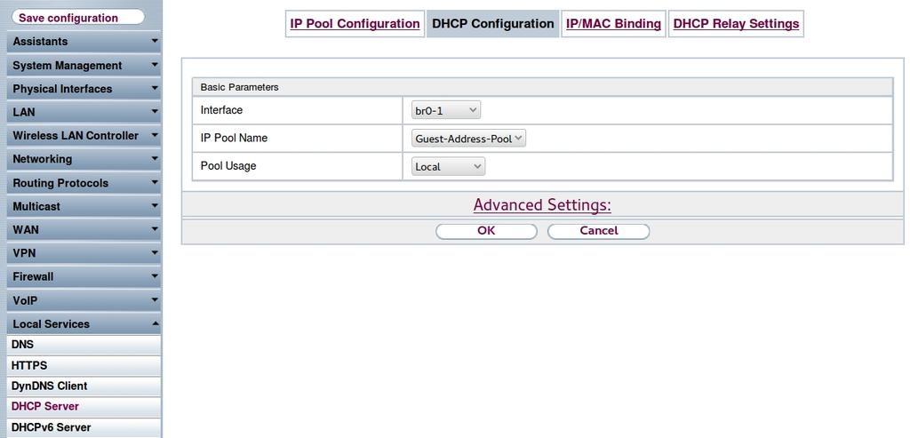 Abb. 15: Lokale Dienste->DHCP-Server->IP-Pool-Konfiguration 1.2.9 DHCP-Verwendung konfigurieren Konfigurieren Sie die Verwendung von DHCP für WLAN-Clients im Gästenetz.