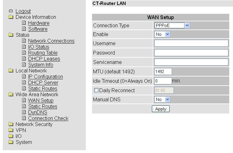 Wide Area Network PPPoE Einstellung für den Betrieb mit DSL-Modems Bei einen Betrieb an einem (DSL-)Modem wählen Sie unter Connection Type die Einstellung PPPoE und mit Apply bestätigen Wide Area