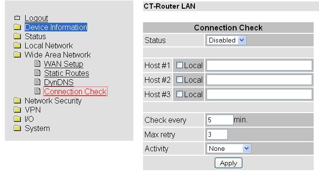 Wide Area Network Connection Check Eine kontinuierliche Verbindungsüberwachung kann durch den Connection Check" überprüfen, ob die Daten-Verbindung zum Internet besteht.