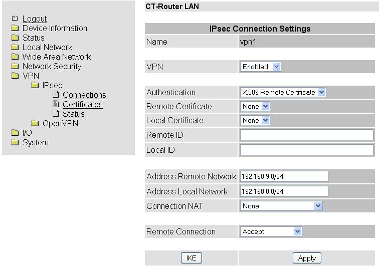 IPsec Connections Settings VPN >> IPsec >> Connections >> Settings >> Edit Name VPN Remote Host Name der VPN-Verbindung Aktivieren (=Enable) oder Deaktivieren (=Disable) der VPN-Verbindung IP-Adresse