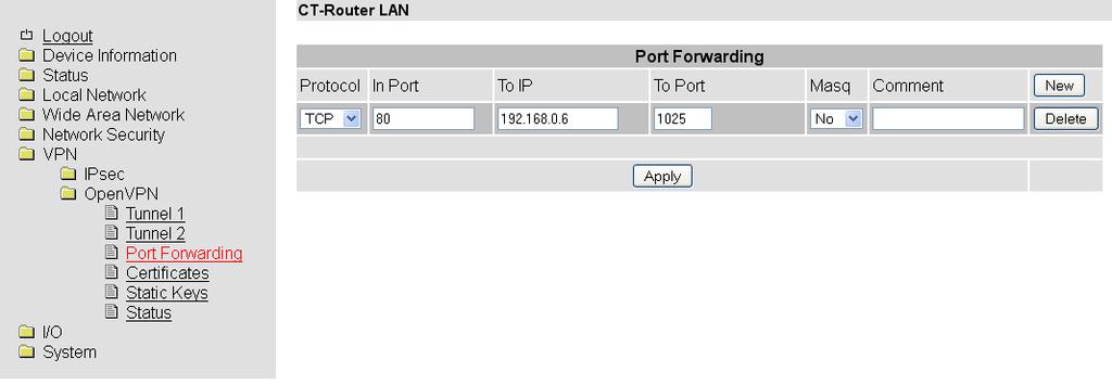 OpenVPN Port Forwarding VPN >> OpenVPN >> Port Forwarding Protocol Auswahl: TCP / UDP / ICMP