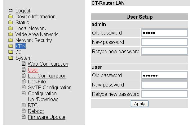 System User (Passwörter) System >> User admin user Uneingeschränkter Zugriff (Schreiben und Lesen) Neues Passwort festlegen Eingeschränkter Zugriff (nur Lesen / nicht alle Bereiche) Neues Passwort
