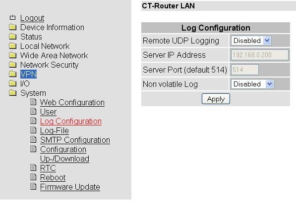 System Log Configuration Log-Files können via UDP auf einem externen Log-Server abgelegt werden.