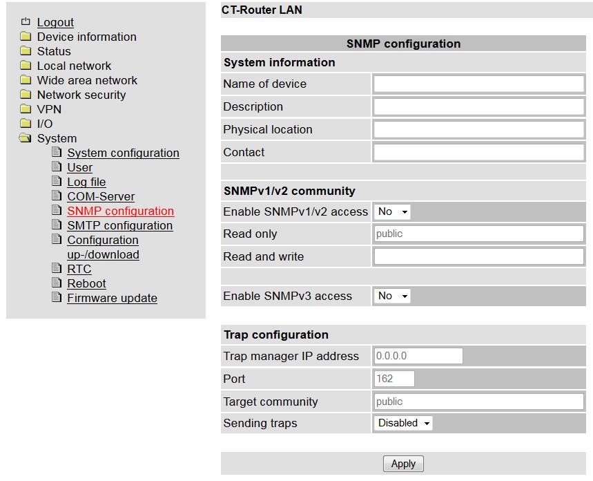 System SNMP Configuration Das SNMP (Simple Network Management Protocol) wird vorzugsweise in komplexeren Netzwerken benutzt, um den Zustand und den Betrieb von Geräten zu überwachen.