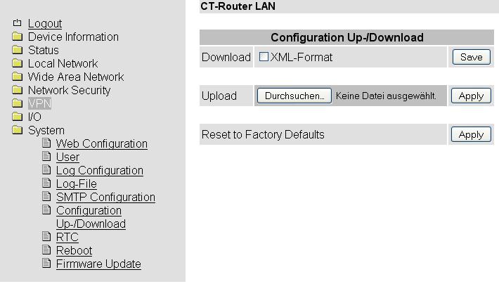 System Configuration Up-/Download Die Konfiguration kann als CFG-Datei (default) oder als XML-Datei auf dem Bediener-PC gespeichert werden.