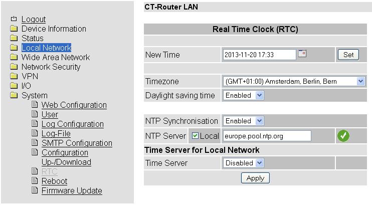 System RTC System >> RTC New Time Timezone Daylight saving time NTP Synchronisation NTP Server Time Server Manuelle Zeitkonfiguration, falls kein NTP-Server vorhanden ist.