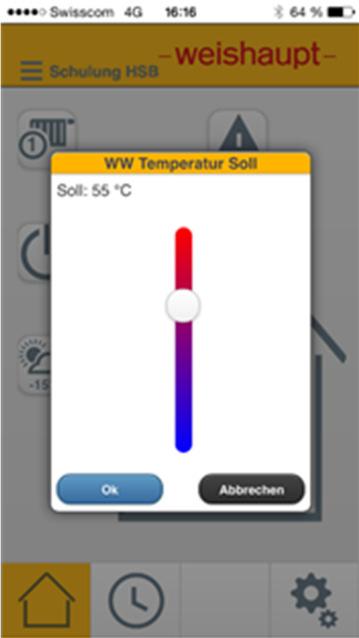 Warmwasser (4) Beim Anwählen von Warmwasser erscheint der momentane Warmwassersollwert. Mit dem Schieber kann nun der Sollwert für die Warmwassertemperatur angepasst werden.