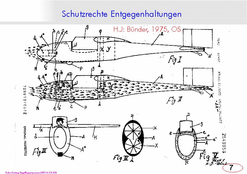 (Seite-7) Eine sehr kuriose Patentanmeldung zeigt wenn auch naiv die prinzipiellen Probleme, wenn man ein Segelflugzeug mit einem internen Gebläse ausstatten will.