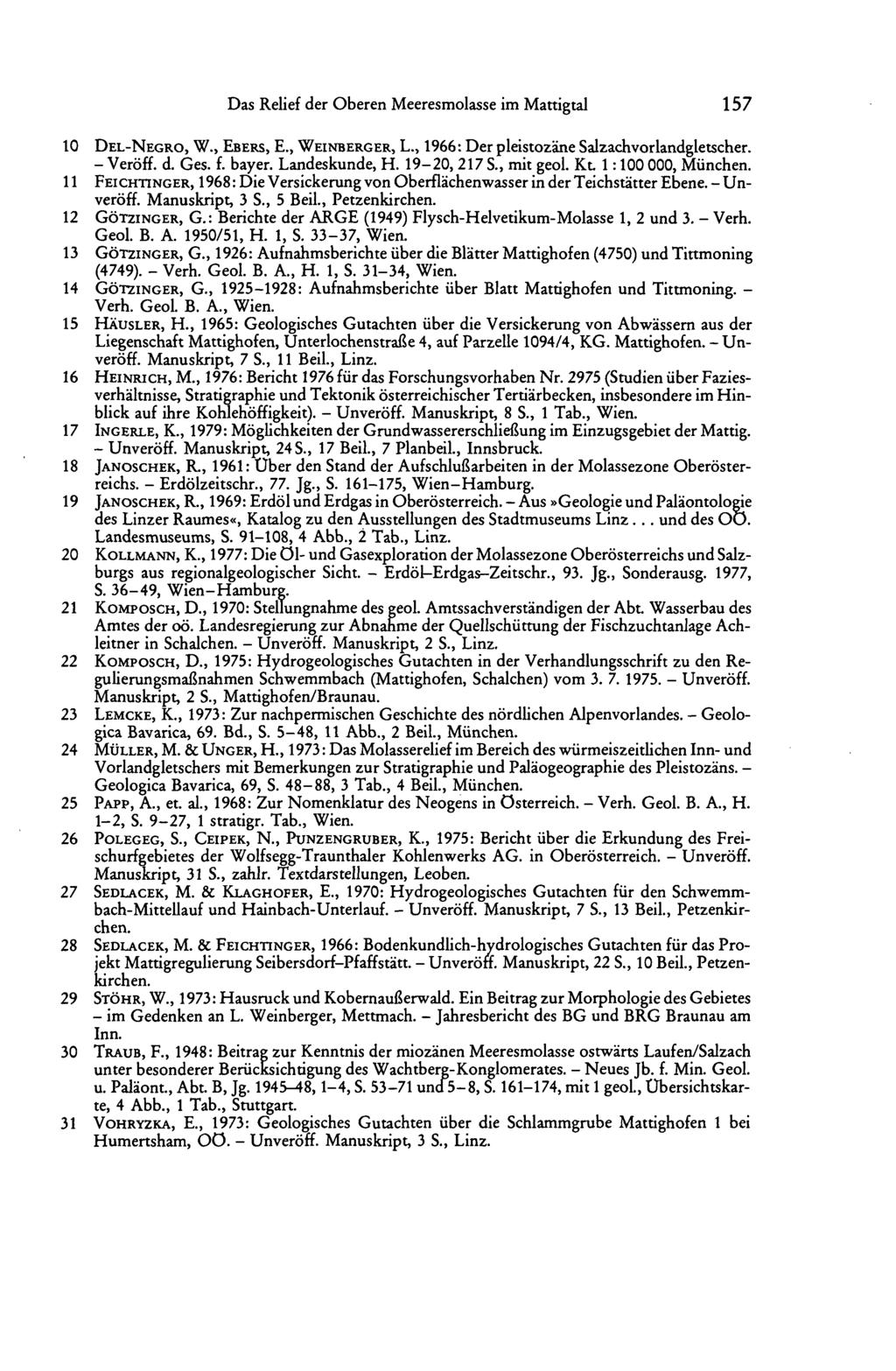 Das Relief der Oberen Meeresmolasse im Mattigtal 157 10 DEL-NEGRO, W., EBERS, E., WEINBERG ER, L., 1966: Der pleistozäne Salzachvorlandgletscher. - Veröff. d. Ges. f. bayer. Landeskunde, H.